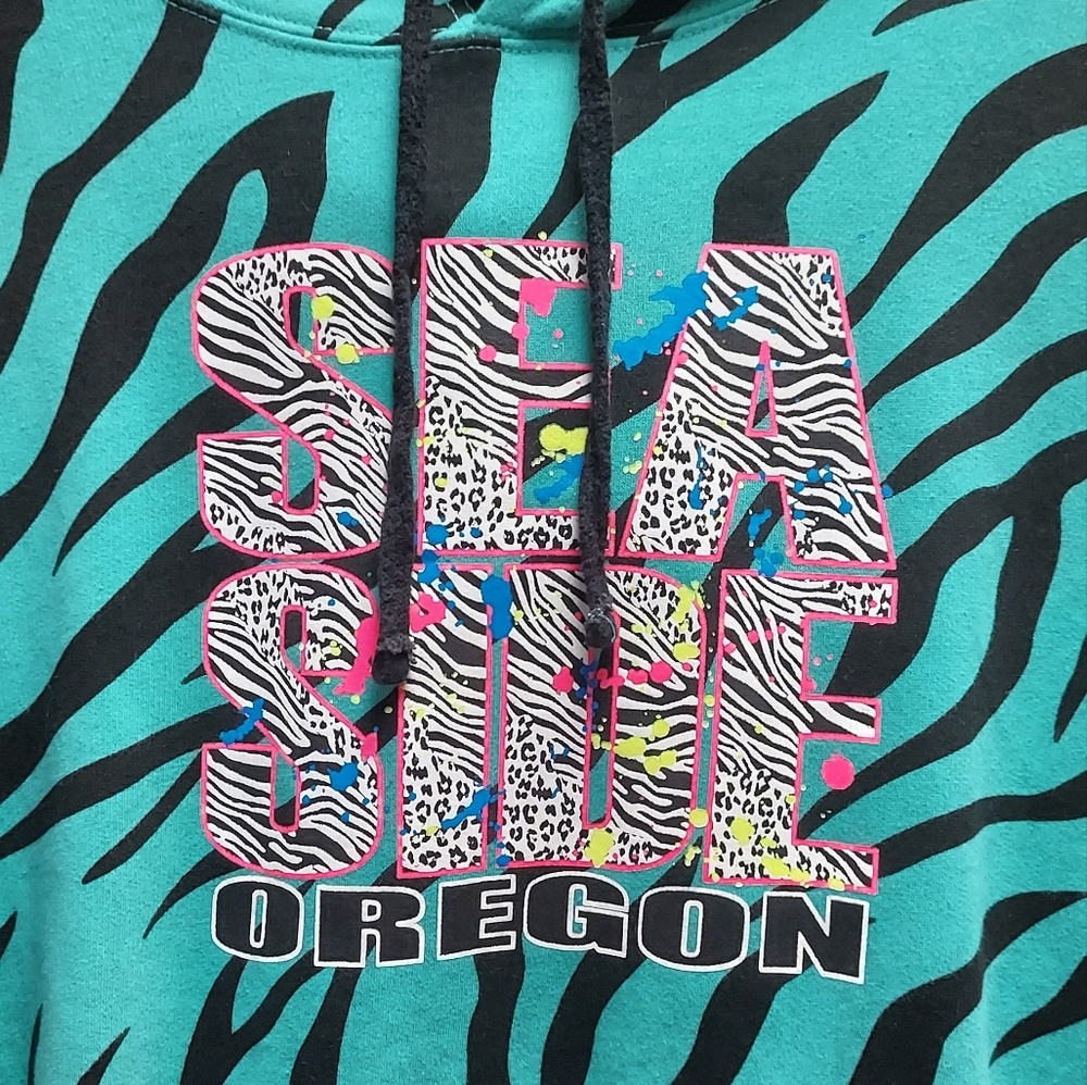 🌊 Seaside Oregon teal zebra kangaroo pocket hoodie Unisex S - Picture 2 of 4